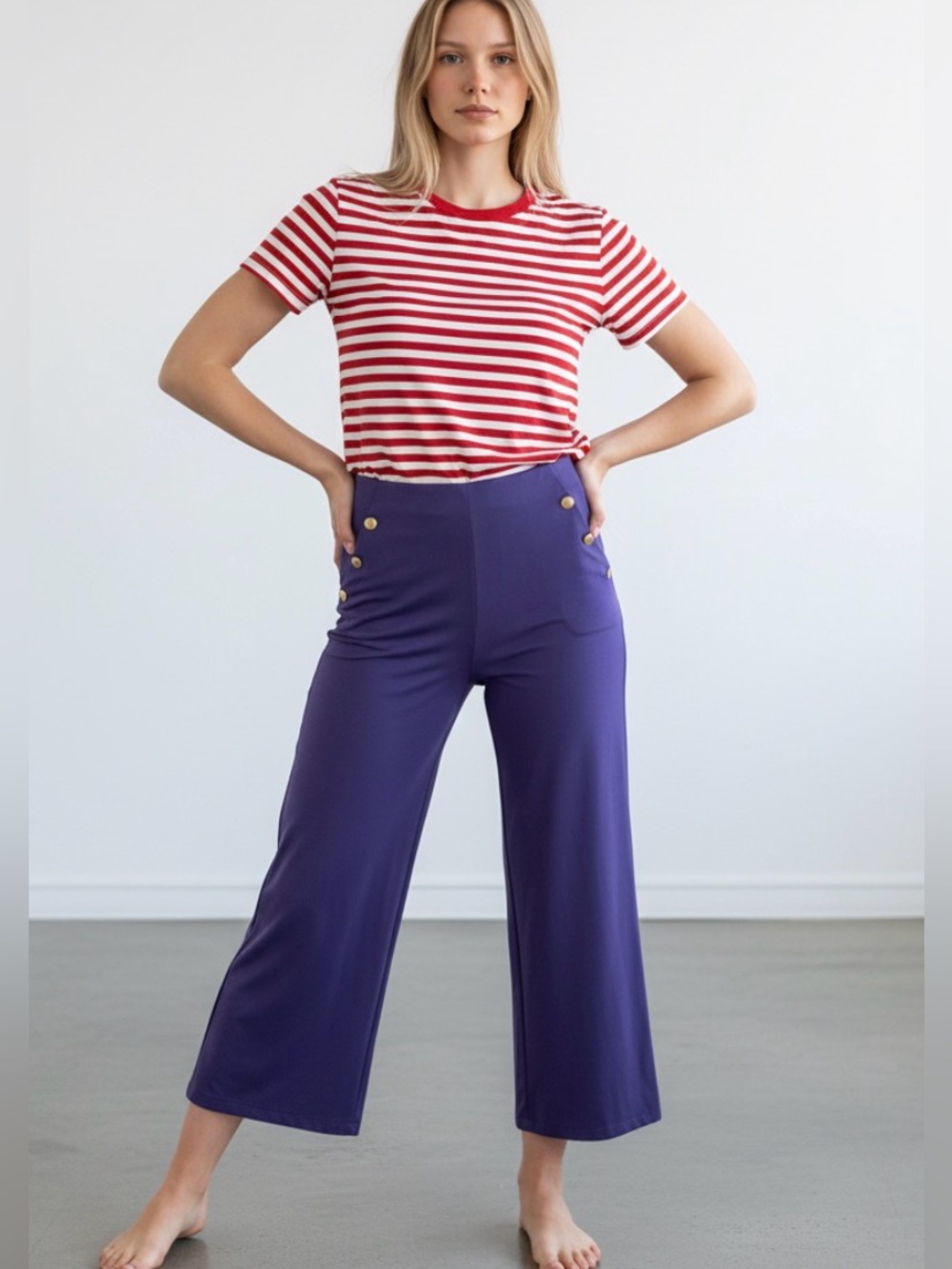 Nautical Wide-Leg Pants. Smooth-front. Comfy & Flattering. Navy Blue